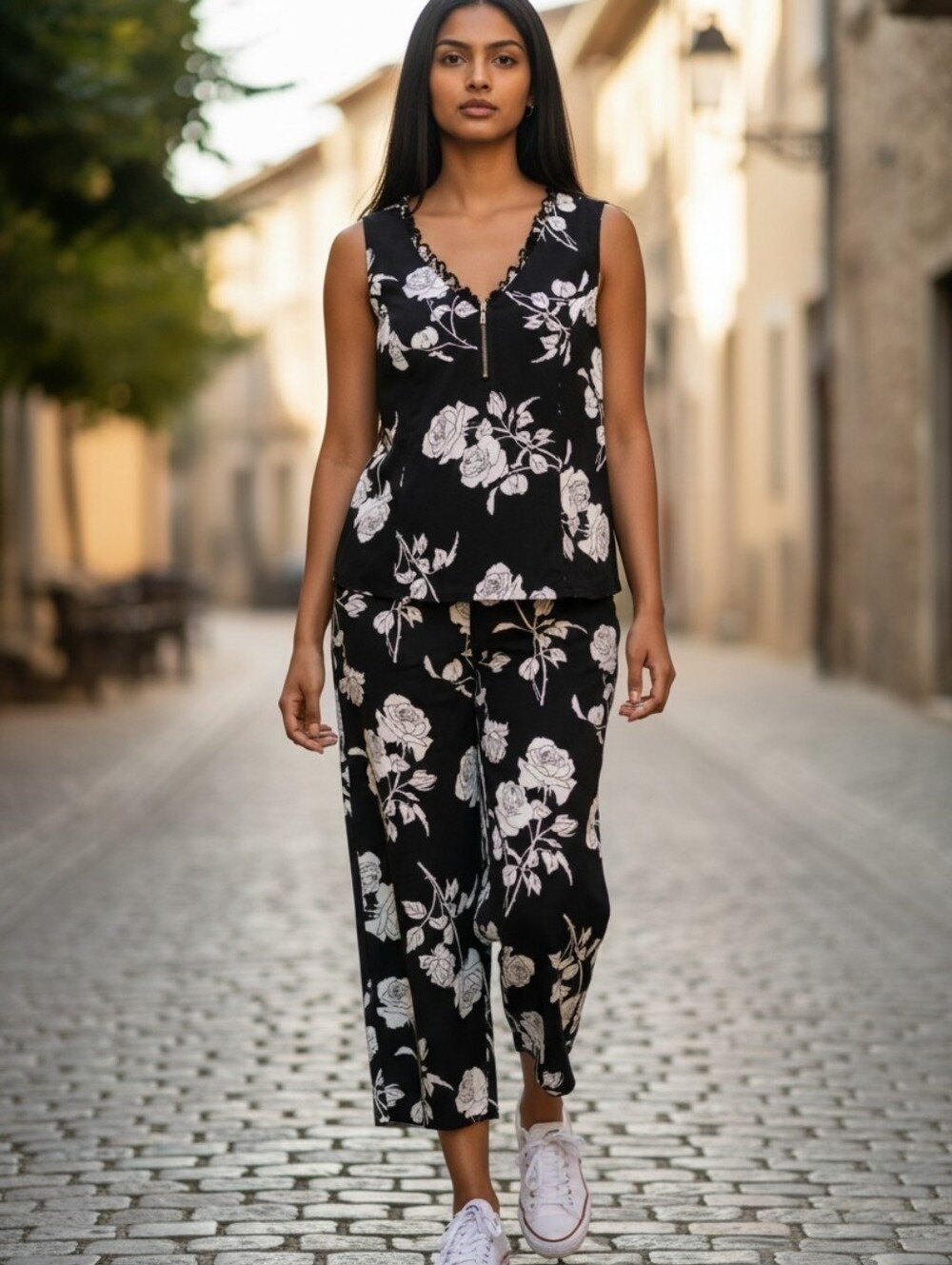 Vintage 2-pc Top & Capri Pants Black and White Floral Sleeveless V Neck Sz. 12